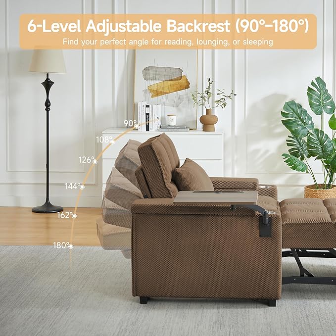 Large Size Convertible Sleeper Chair Futon Sofa Bed Comfortable Thick Cushion Single Sleeper Sofa Handheld Storage and Adjustable Backrest | Reading Chair with Rotating Small Table (Coffee)