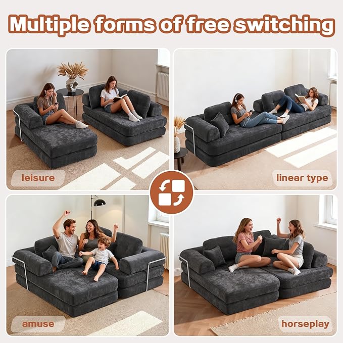 104 Oversized Convertible Sleeper Sofa Bed Chenille L Shape Sectional Couch Folding Sofa Bed with Fixed-Shape Frame Modern Cloud Floor Mattress Couch Modular Sofa for Living Room Dark Grey