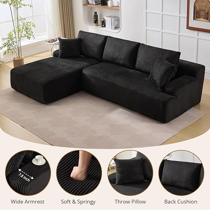 106 Cloud Modular Sectional Sofa with L-Shaped Chaise Comfy Deep Seat Corduroy Couch Modern Oversized Upholstered Couches for Living Room Apartment No Assembly Required Left Facing Chaise Black