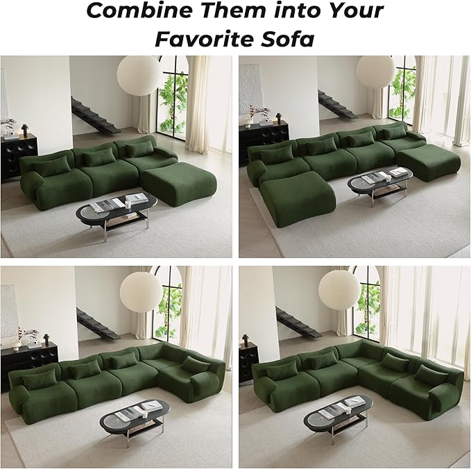 115 Modular Sectional Sofa Deep Seat Teedy Boucle Boneless L-Shaped Sofa Modern Oversized Cloud Couch Sectional for Living Room Apartment No Assembly Memory Foam Throw Pillows Green
