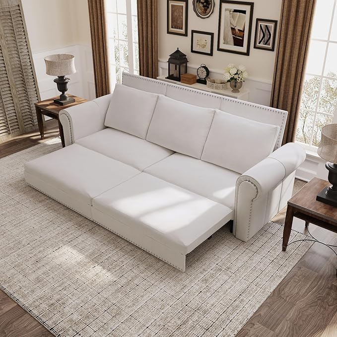 93.7 King Size Chesterfield 3-seat Pull Out Sofa Bed Velvet Couch Bed with Nailhead Trim and Rolled Arm 3-in-1 Sleeper Sofa for Living Room Apartment Office Beige