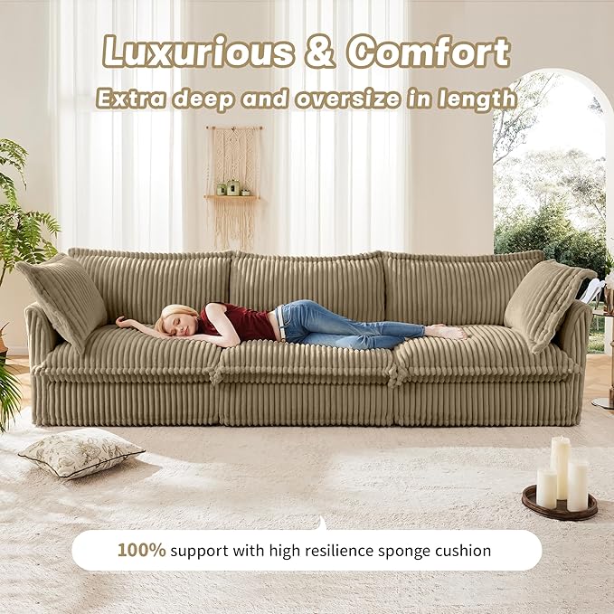 120 Slipcovered Modular Cloud Sectional Sofa Deep Seat Corduroy U Shaped Couch with Removable Covers 3-Seater Sofa for Living Room (Light Camel) | Slipcovered