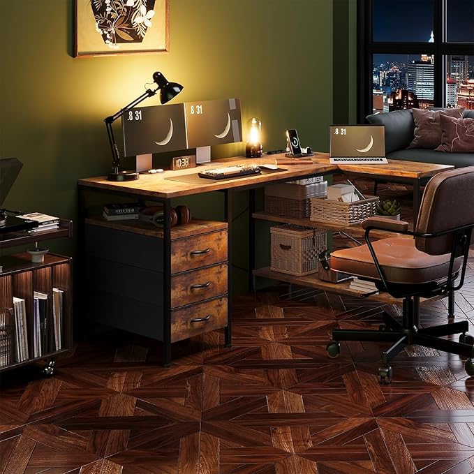 Alpen L Shaped Computer Desk 55 Inch Corner Desk with Drawers and Power Outlets Home Office Desk for Gaming Study Writing PC Table with Storage and Reversible Shelf Rustic Brown