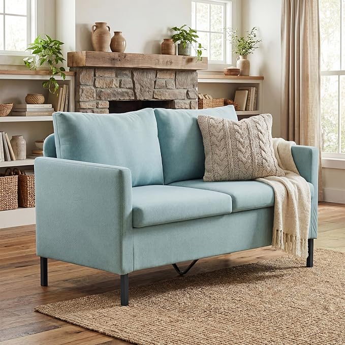 TYBOATLE 51 W Linen Fabric Upholstered Modern Loveseat Sofa Couch for Living Room Love Seats 2-Seater Furniture w/Iron Legs for Compact Space Apartment Bedroom Dorm Office Aqua Blue
