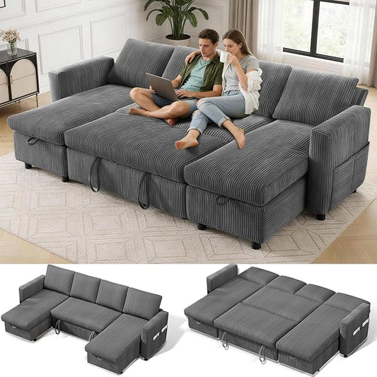 WEUP 106 U Shaped Sectional Sleeper Sofa Bed with Pull Out Bed Sectional Sleeper Couch Pull Out Couch with Reclining Backrest/Reversible Storage Chaise/USB Ports/Tool-Free Assembly Corduroy Grey