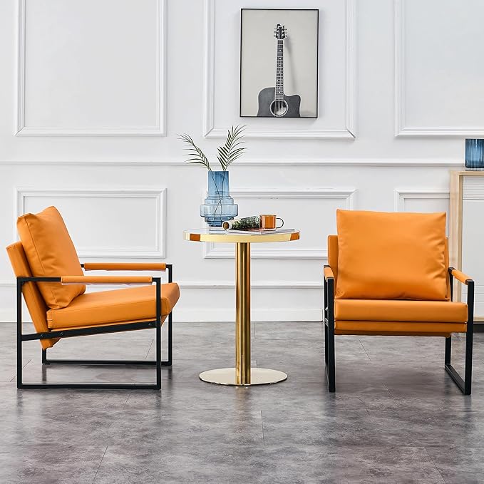 PU Leather Accent Arm Chair Mid Century Upholstered Armchair with Metal Frame Extra-Thick Padded Backrest and Seat Cushion Sofa Chairs for Living Room (Orange PU Leather + Metal Frame + Foam) SF-008