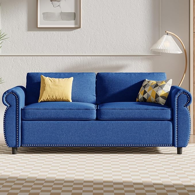 BALUS Pull Out Sofa Bed 2-in-1 Sleeper Sofas Convertible Couch Bed with Nailhead Armrests &amp Memory Foam Mattress Linen Pullout Sofa Beds with Thickened Cushions for Living Room Blue Full Size