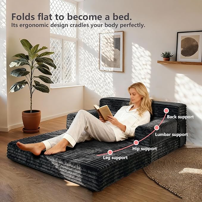 Folding Sofa BedConvertible Sofa Bed with Armrest Foldable Sleeper Chair Portable Folding 4-in-1 Floor Sofa with Convertible Lounge Chair for Living RoomBedroomWashable CoverBlack Single