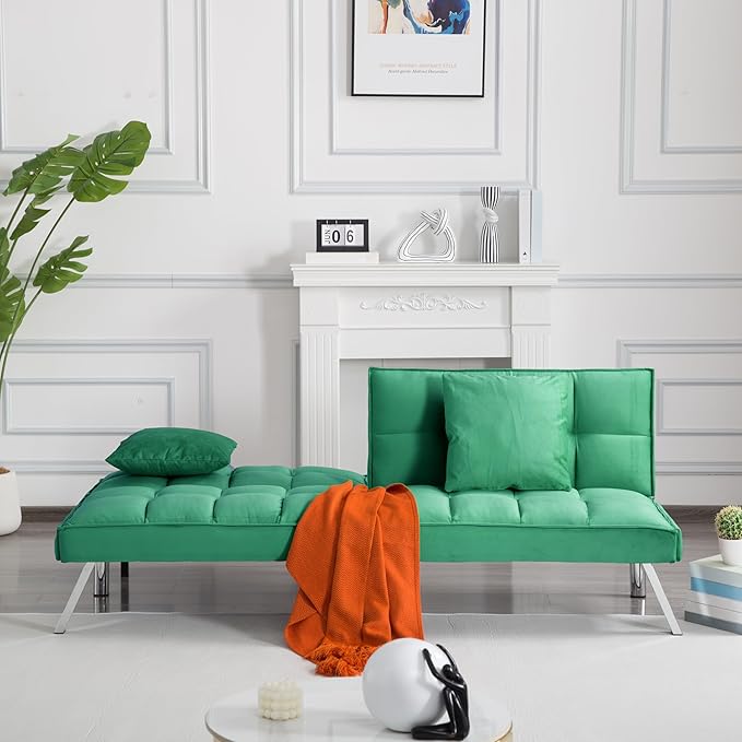 68 Modern Futon Sofa BedConvertible Sleeper Bed Couch with 4 Reclining Backrest with 2 PillowsComfy Velvet Cloud Sofa Loveseat for Living Room Bedroom Office (Green)