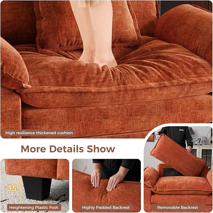 HUSFU 49.5'' W Oversized Accent Chair Chenille Cloud Sofa Chair with Deep Seat and Extra Wide Armrests Comfy Reading Armchair for Bedroom Living Room Terracotta Orange