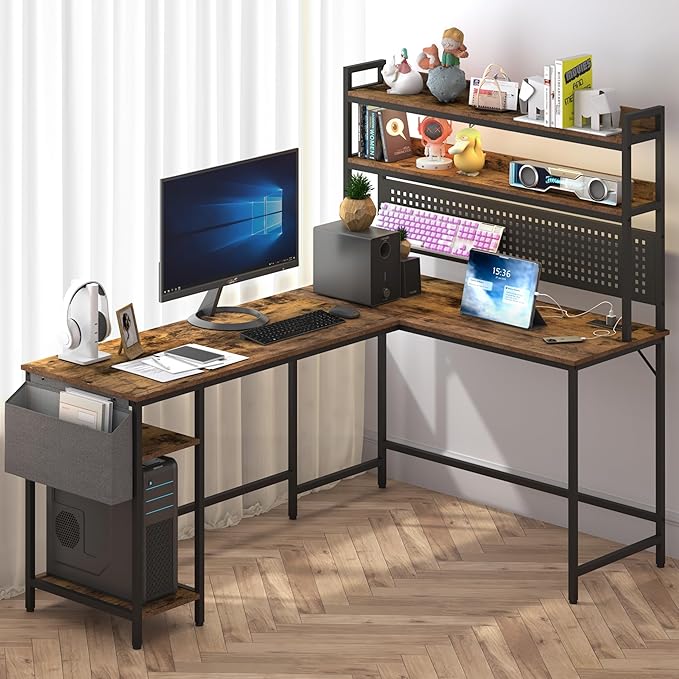 WiberWi L Shaped Desk Office Computer Corner Desk 67” Home Gaming Table with Power Outlet &amp LED Light Writing Study Workstation with Shelves &amp Pegboard Organizer for Home OfficeRustic Brow