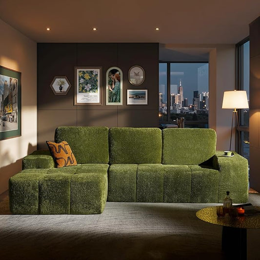 ovios 115 Cloud Boneless Couch with Glitter Fabric Moudular Sectional Sofa with Deep Seat No Assembly Required Modern Minimalist L Shaped Couches with Chaise for Living Room Green