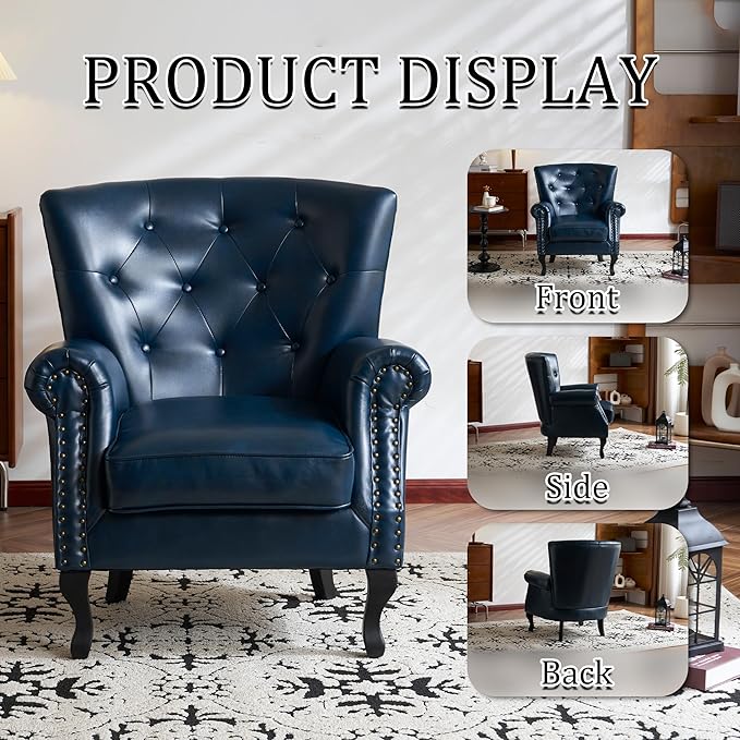Modern Accent Chair Mid-Century Faux Leather Armchair with Solid Wood Legs Single Sofa Club Chair for Living Room Bedroom Leisure Room Reading Room(Navy)