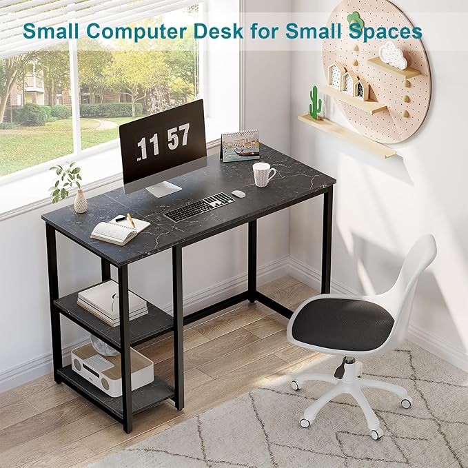 SINPAID Computer Desk 40 inches with 2-Tier Shelves Sturdy Home Office Desks with Large Storage Space Modern Gaming Desk Study Writing Laptop Table Black Marble