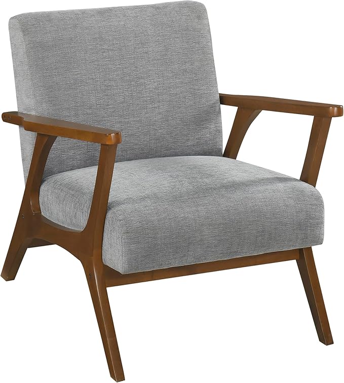 Lexicon Mid-Century Modern Accent Chair Woven Chenille Fabric Lounge Chair Chestnut Solid Wood Frame Wide Arm Rest and Cushioned Comfort for Living Room/Office/Bedroom/Reading Nook Gray