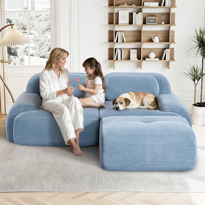81.8 L Shaped Sectional Cloud Sofa CouchCorduroy Modern Memory Foam Boneless Modular Couches Chaise for Living Room Bedroom(2-Seater&amp1 OttomanBlue)