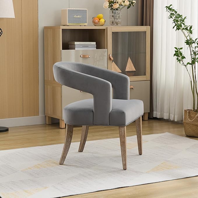 Modern Accent Chair Upholstered PU Leather Barrel Armchairs with Rubberwood Legs Comfy Lounge Arm Chair Hollow-Out Side Club Chair for Living Room Bedroom Office (Gray+Velvet)
