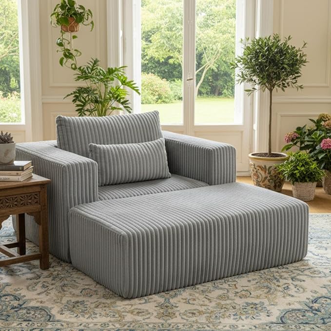 50.98'' Corduroy Boneless Couch with Square Armrests and 2 Cushions Modern Luxury Compressed Sofa Couch with Movable Ottoman No Assembly Required Living Room Apartment HotelGrey