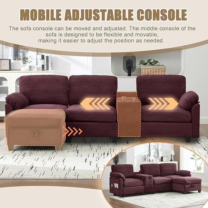 KEIKI 105 L-Shaped Oversized Corduroy Modular Sectional Sofa with 1 Ottoman and Multi Functional Console 4-Seater Upholstered Couch with USB and 2 Cup Holder Easy Assembly for Living Room Red