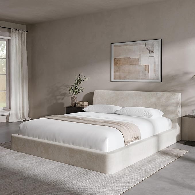 RECCI AirFrame California King Bed Frame with Ergonomic Angled Foam Cushioned Headboard Minimalist Design Platform Bed Frame No Box Spring Needed Easy Assembly (Beige Chenille)
