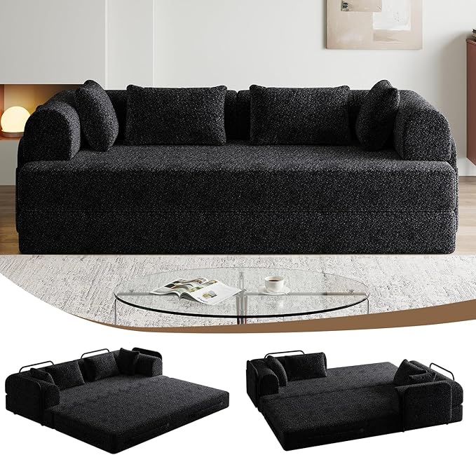 78.7 Chenille 4-in-1 Folding Convertible Sofa Bed Boneless Couches with 4 Pillows &amp Convenient Side Pockets Comfy Foldable Compressed Sofa in Box Floor Sofa Lounge Couch for Living Room(Black)