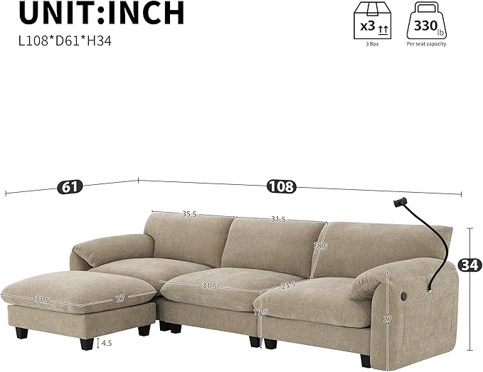 108 Modular Sectional Sofa L-Shape Upholstered Couch with Free Movement Ottoman Phone Holder and 2 Side Storage Pockets 31.5 Extra-Wide Seat Cushion Striped Chenille (Light Khaki+Beige/511)