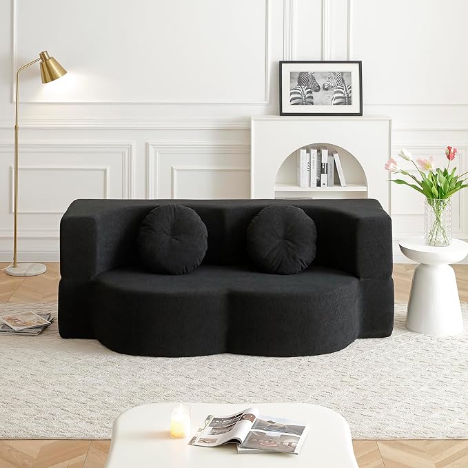 KEIKI 2-in-1 Folding Sofa Bed with Pillow Queen Sleeper Sofa Floor &amp Futon Loveseat Couch Foam Folding Mattress for Living Room Guest Use Office Apartment No Assembly Required Black