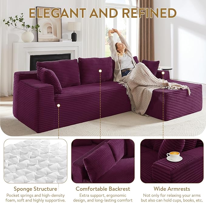 103 Cloud Sectional Couch with L-Shape Chaise Modern Minimalist Modular Sectional Sofa Fluffy Corduroy Upholstered Couches for Living Room No Assembly Required (Purple Right Facing Chaise)