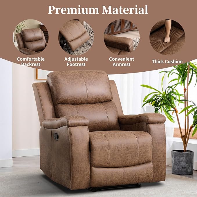 EBELLO Recliner Chair Single Overstuffed Sofa Recliner Breathable Faux Leather Manual Reclining Chairs with Hidden Cup Holder Arm and Back for Adults Living Room Bedroom Light Brown