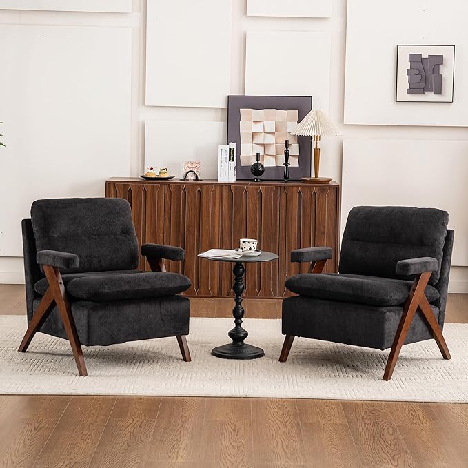 Mid Century Modern Tufted Accent Chair Set of 2 - Sturdy Upholstered Solid Wood Armchair with Breathable Fabric High-Density Cushion Non-Slip Pads for Living Room Reading Room Bedroom Black
