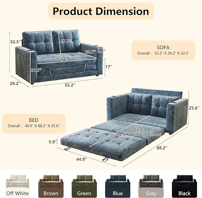 WorthFurni Convertible Sofa BedSleeper Sofa Floor Sofa Bed for Small Spaces Folding Couch Bed - Blue