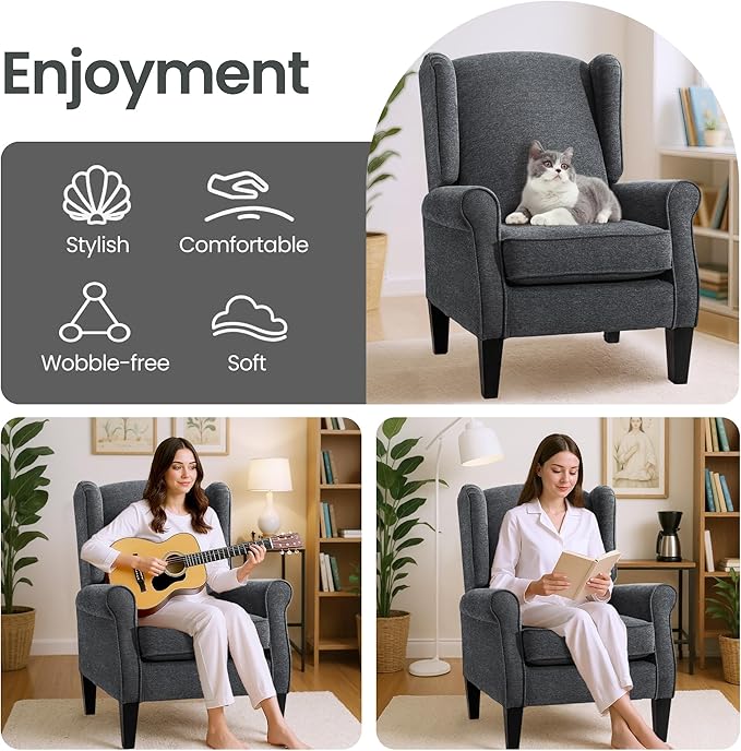 Dark Grey Accent Chairs Modern Living Room Single Wingback Sofachair Classic Bedroom High Back Reading Seats Bussiness Upholstered Arm Chairs for Office Guest Room