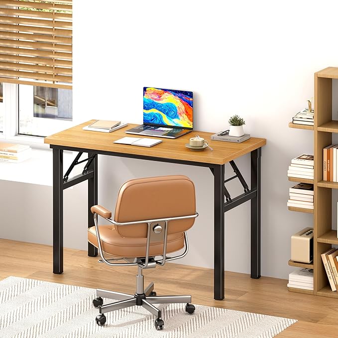 DlandHome Folding Desk Table 31.5x15.7inch Small Desk Computer Desk No Install Needed Folding Workstation Table for Home Office DCAND-AC5-8040-TeakB