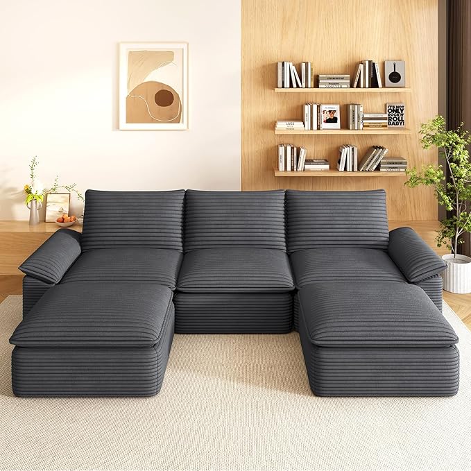 111 Cloud Sectional Couch with U-Shaped Chaise Corduroy Sectional Sofa with Ottoman Boneless Couch with Deep Seat in a Box for Living Room No Assembly Required (Dark Grey)