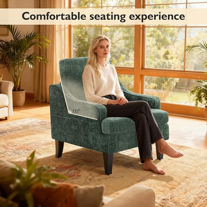 Accent Chair for Living Room Upholstered Living Room Chair with Side Pockets Comfy Accent Chairs for Bedroom Mid Century Modern Armchair for Office Apartment Waiting Room Club (Green)