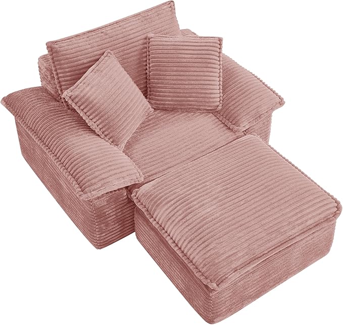 Oversized Armchair with Ottoman Corduroy Reading Chair for Bedroom &amp Living Room Modern Floor Sofa Chair Comfy Lazy Lounge Chair No Assembly Required Pink