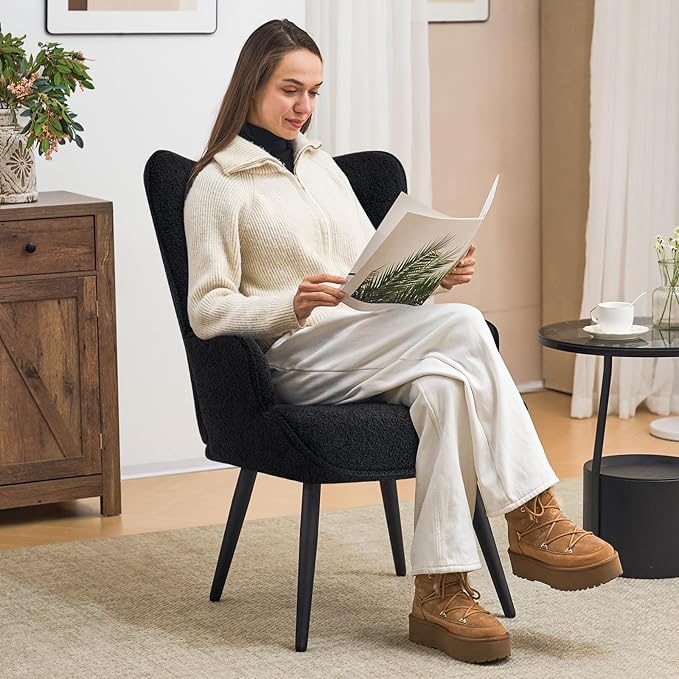 Furniliving Boucle Accent Chair for Living Room Upholstered Reading Chair with High Backrest Tufted-Button Wingback Armchair for Bedroom Dressing Room Home Office Black Set of 2