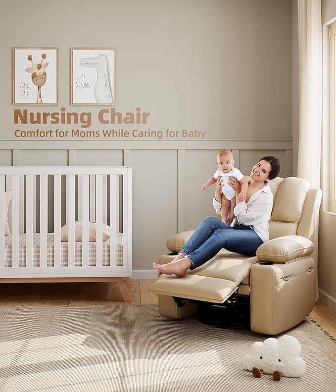 Garvee 27'' Oversized Recliner Manual Recliner Chair for Adults PU Leather Single Sofa with with Extra Width for Nursery Living Room and Bedroom Creamy