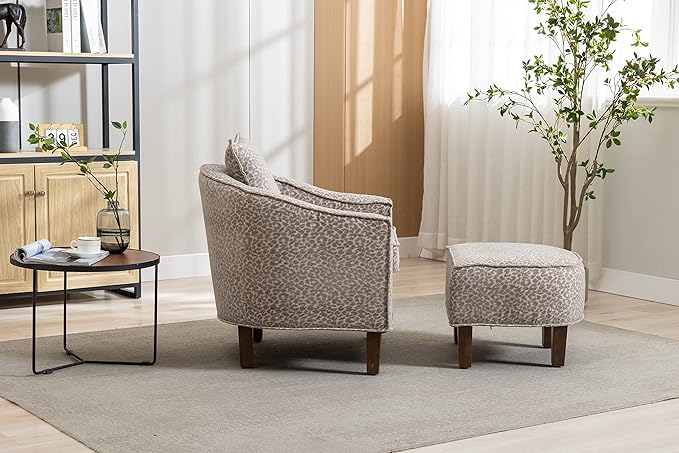 Accent Chair with Ottoman Mid Century Modern Barrel Chair Upholstered Club Tub Round Arms Chair for Living Room