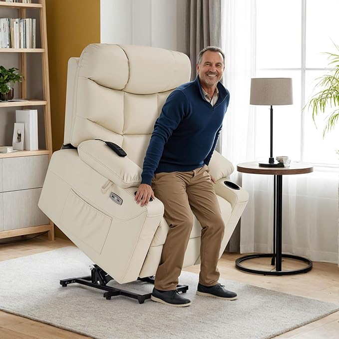 MCombo Power Lift Recliner Chair for Elderly Electric Lift Chair with Extended Footrest USB Ports Cup Holders Faux Leather 7287 (Cream White Medium)