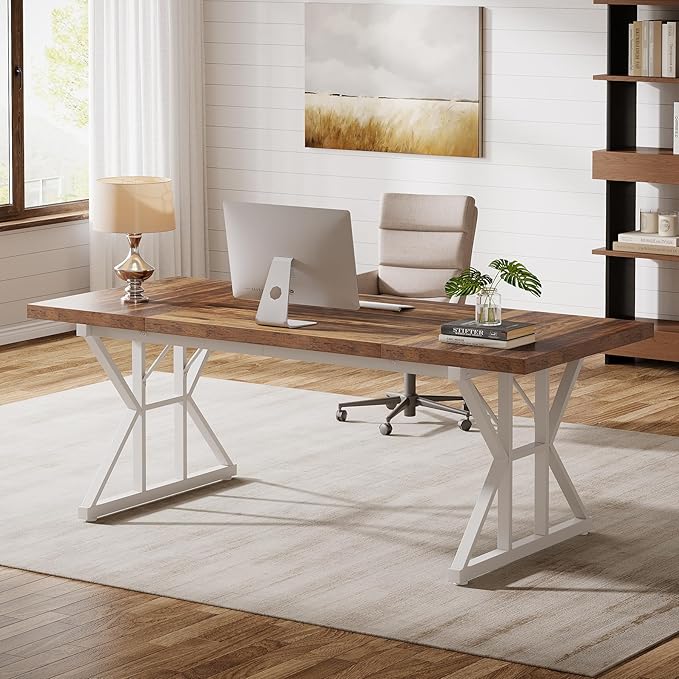 Tribesigns 70.86-Inch Large Executive Desk Industrial Home Office Computer Desk Simple Long Writing Study Table Business Furniture (Brown-White)