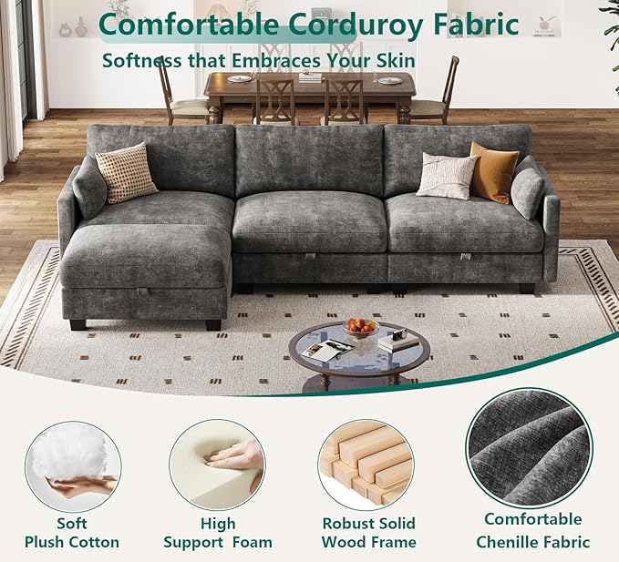 Modular Sectional U Shaped Sofa Couches for Living Room Cloud Couch with Storage Ottoman Comfy Chenille Sofa with Pillow Dark Gray