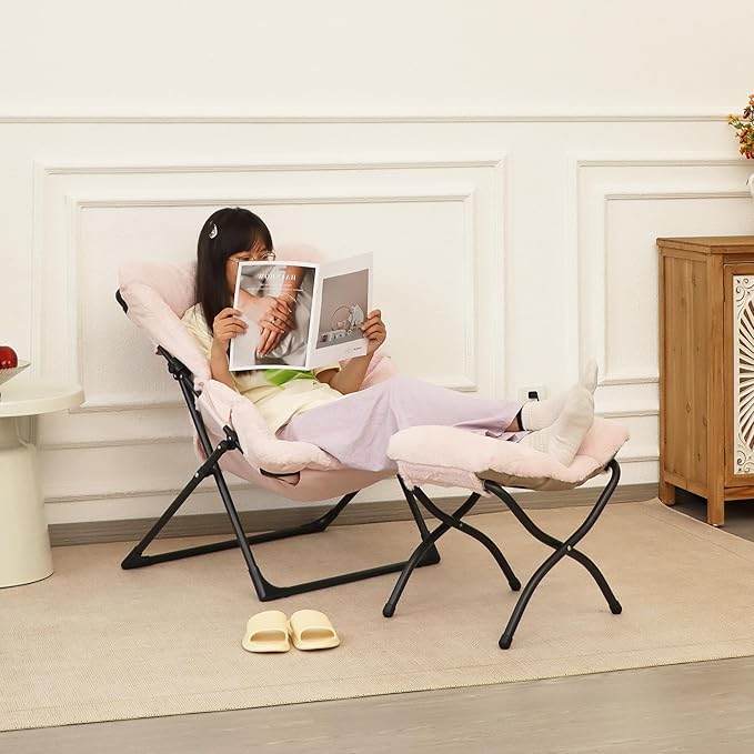 Comfy Saucer Chair for Adults Soft Faux Fur Bedroom Chair Accent Dorm Chairs Flexible Living Room Reading Chairs Oversized Folding Seat for Teens X-Large Light Pink