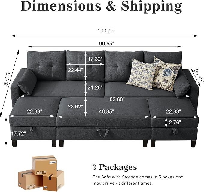 101 Convertible Sectional Sofa Modern Linen Fabric U-Shaped Couch with Reversible Chaises and Ottoman Coffee Table 4 Seat Sofa Couches for Living Room Apartment Office Dark Grey