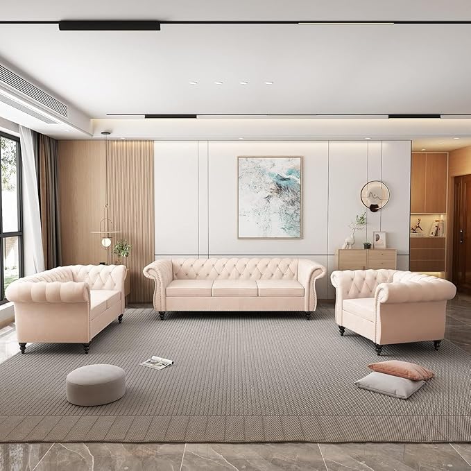 Living Room Chair Modern Velvet Chesterfield Sofa Chair Mid Century Single Sofa Couch Chair with Tufted Back and Rolled Arms Accent Sofa Chair for Living Room Apartment Beige