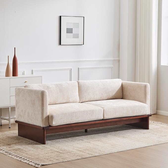 Christopher Knight Home Perla Chenille Upholstered 3 Seater Sofa Couch with Pillow Wooden Home Sofa Living Room Comfy Cloud Couch for Bedroom Apartment Home Office Beige