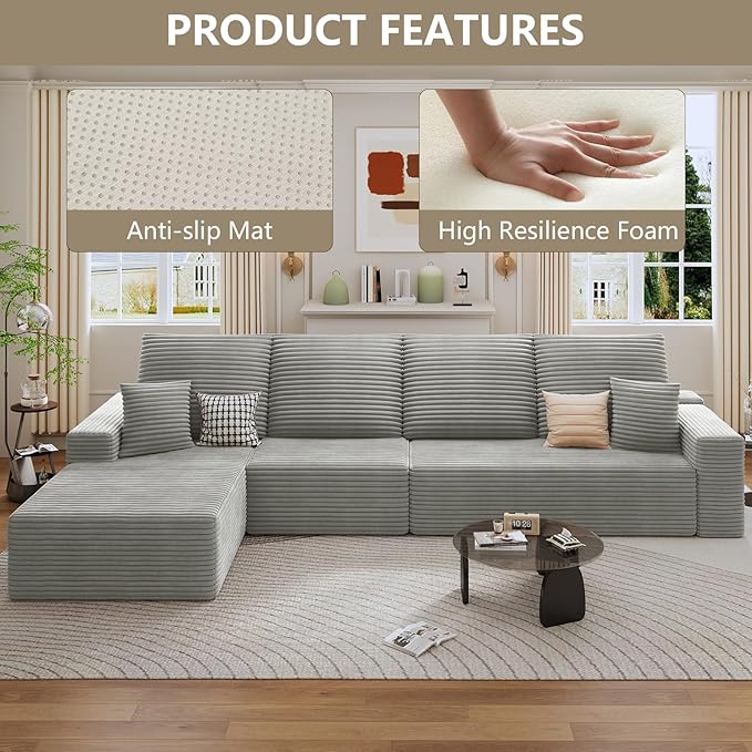 135 Modular Sectional Sofa Modern Corduroy L Shaped Cloud Couch with Chaise Lounge Boneless Upholstered Couches with Deep Seat for Living Room No Assembly Required (Grey Left Facing Chaise)