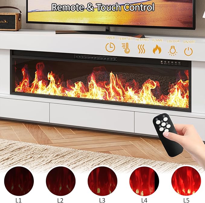 66.2 Fireplace TV Stand with 47 Electric Fireplace Heated Entertainment Center with Fireplace &amp 3 Drawers Modern Wood TV Console with 12 Electronic Flame Colors for Living Room White