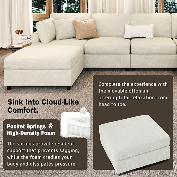 Modern Large Modular Sectional Couch U-Shape Sectional Sofa with Removable Ottoman Polyester Sofa 6-Seater Couch with Solid Wood Legs for Living Room (Beige-29J)