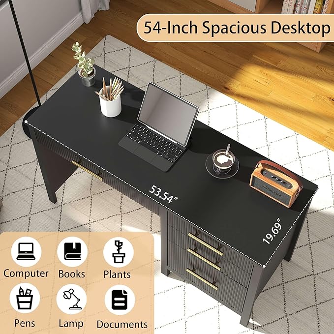 Modern Executive Desk with Drawers: 54 Black Computer Desk with File Drawer Wood Writing Desk with Storage Fluted Home Office Desks for Living Room